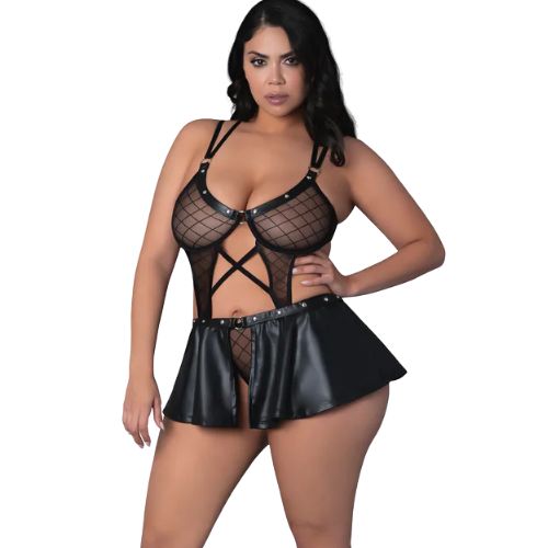 Lust Anastasia Cami Open Crotch Skirt Panty and Bra with Rings and Studs Black from Nice 'n' Naughty
