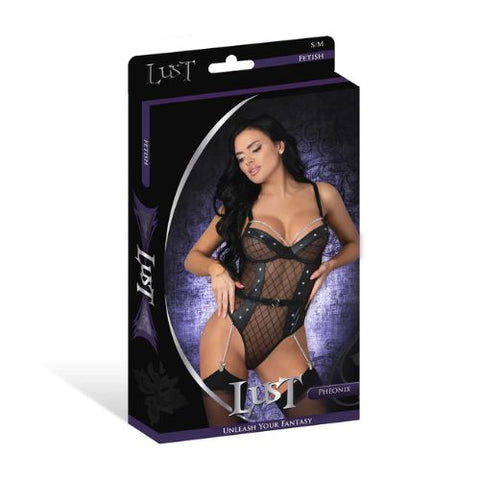 Lust Phoenix Diamond Mesh Teddy and Garters with Chains Rings and Studs Black from Nice 'n' Naughty