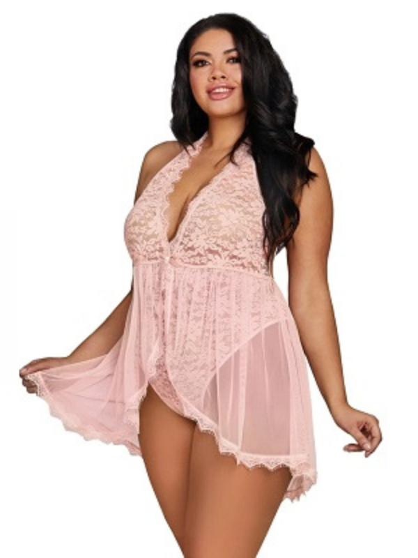 Dreamgirl Halter Plunge Lace Teddy w Attached Flyaway Skirt